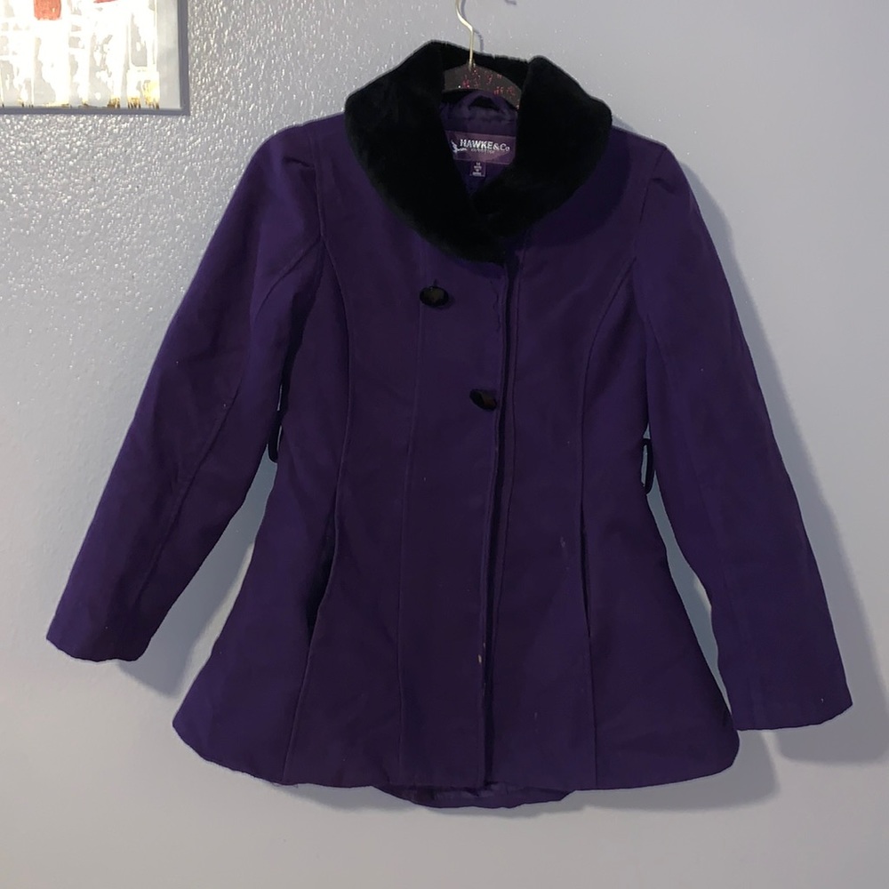 Hawks & Co purple faux fur collar girls 14 button down peacoat